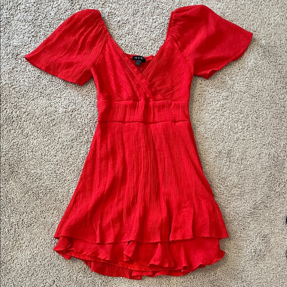 As U Wish Red V-Neck Tiered Mini Dress